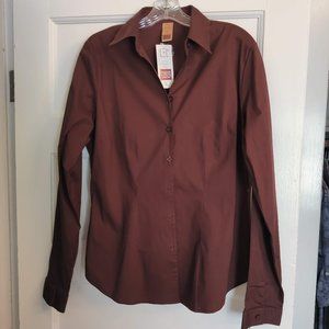 Long Elegant Legs Brown Fitted Blouse, Sz L-Tall